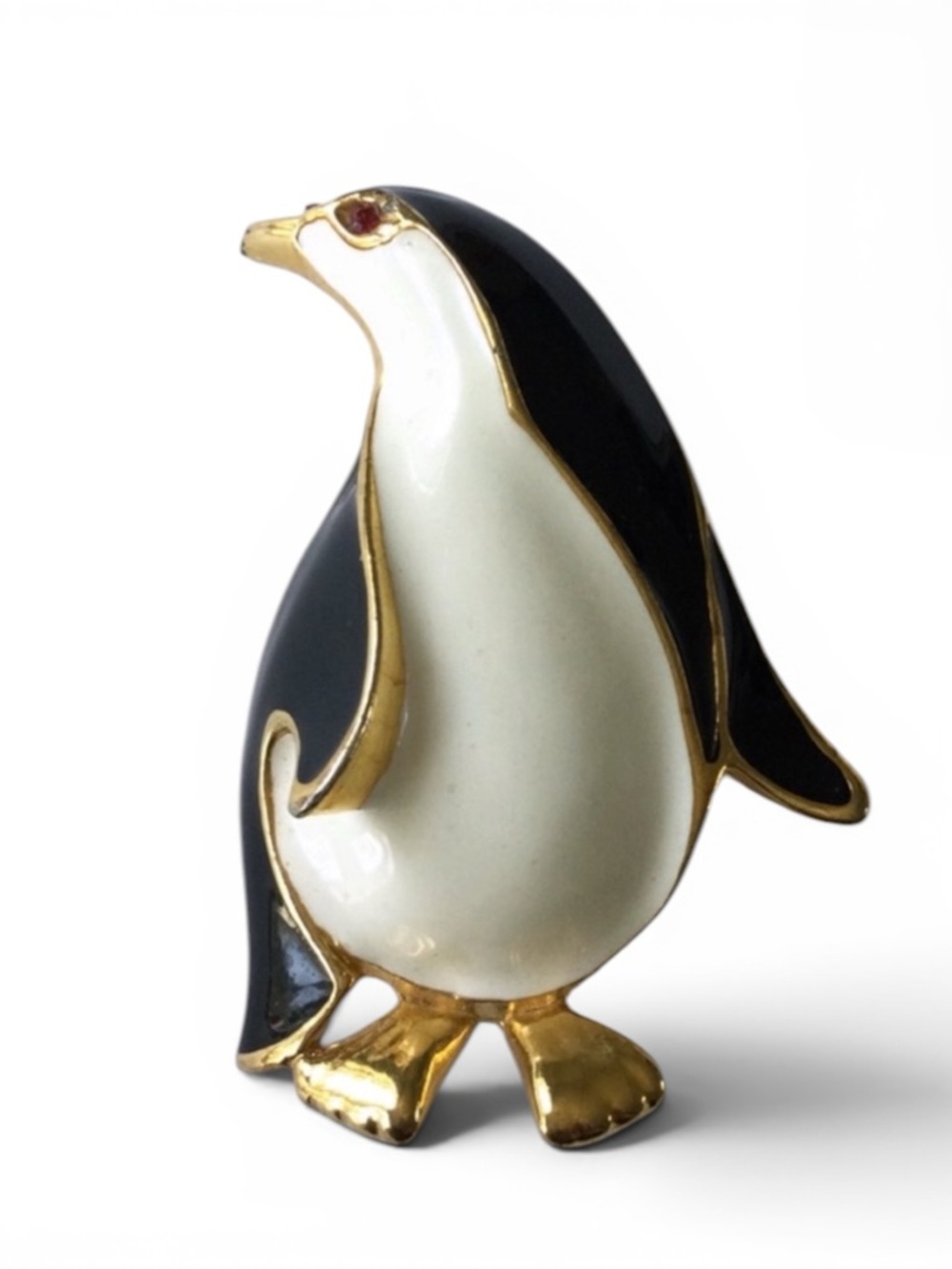 Vintage 1970s Gold-Tone & Enamel Penguin Brooch, Black & Ivory - Picture 3 of 10
